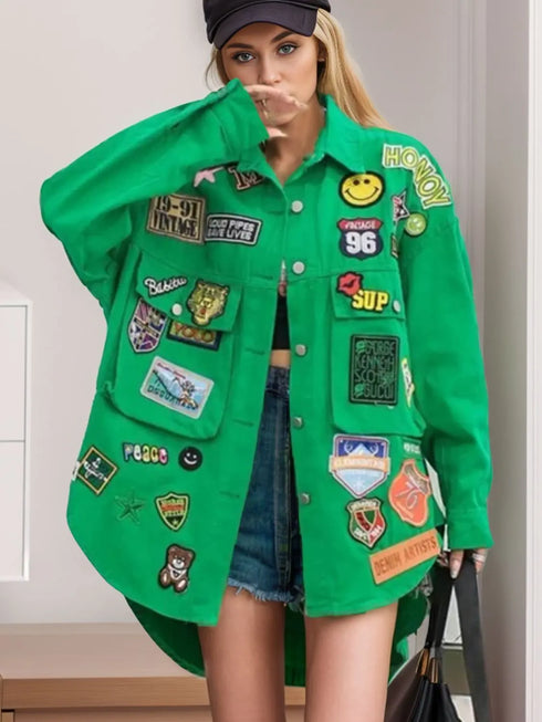 'Marina' Denim Patchwork Embroidery Jacket - Celes Fashion